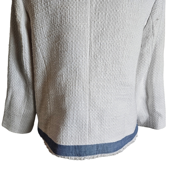 Talbots Petites White Denim Tweed Blazer Jacket Size 12P Button Up Fringed Chic - Picture 11 of 16